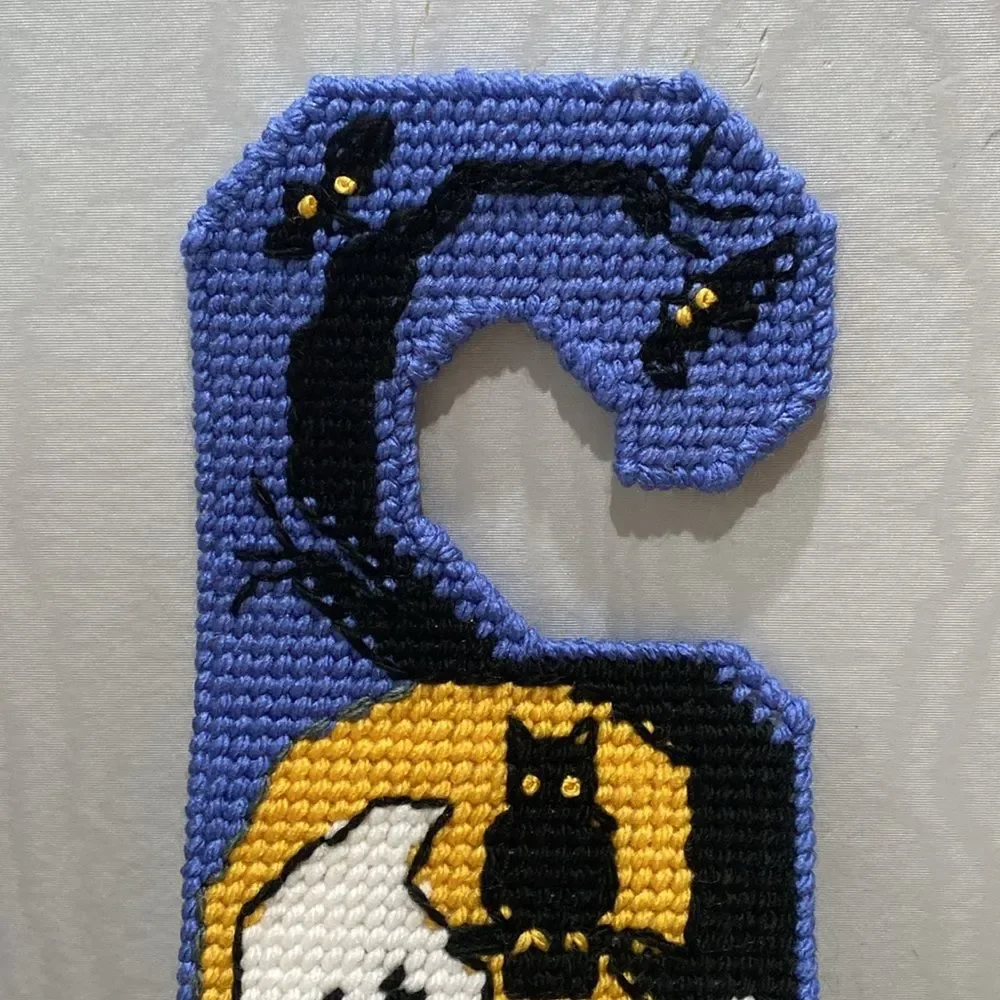 Hand Crafted Cross Stitch Halloween Door Hanger Ghost Owl 3D Bat